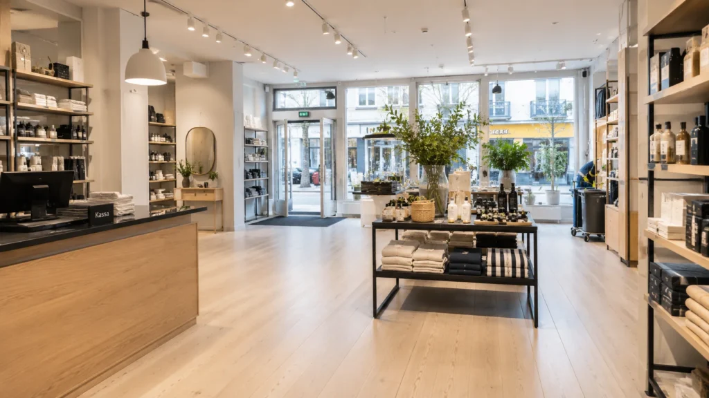 Nystädad butik i Stockholm med rena golv, ordnade hyllor och välkomnande kundmiljö